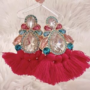 Hot Pink Multi Colored Tassel Stud Earrings